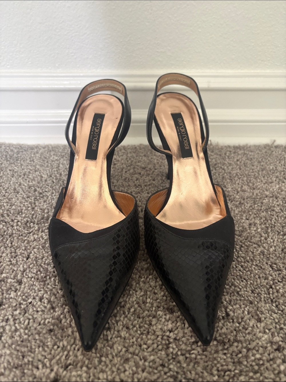Sergio Rossi Black Pointed Slingback Pumps with Snakeskin Detail